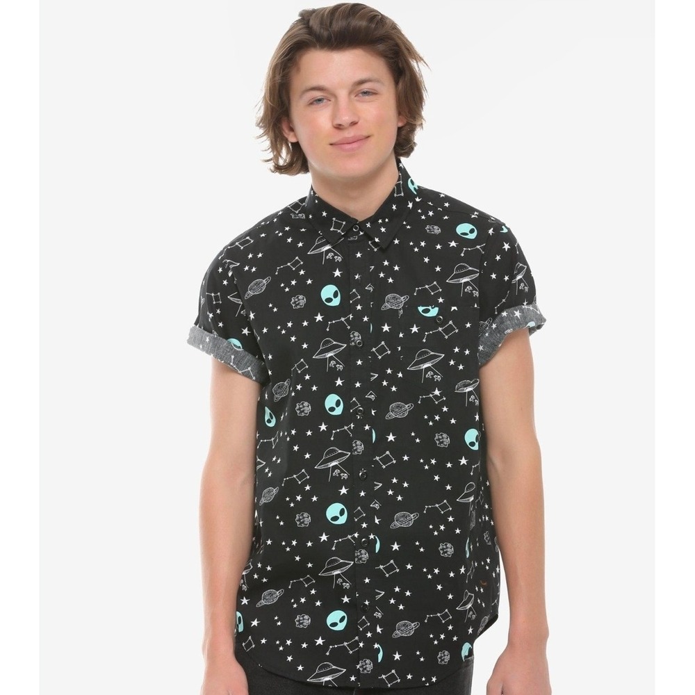 Hot Topic Mens Black Alien UFO Space Print Short Sleeve Button Down Shirt M UFO